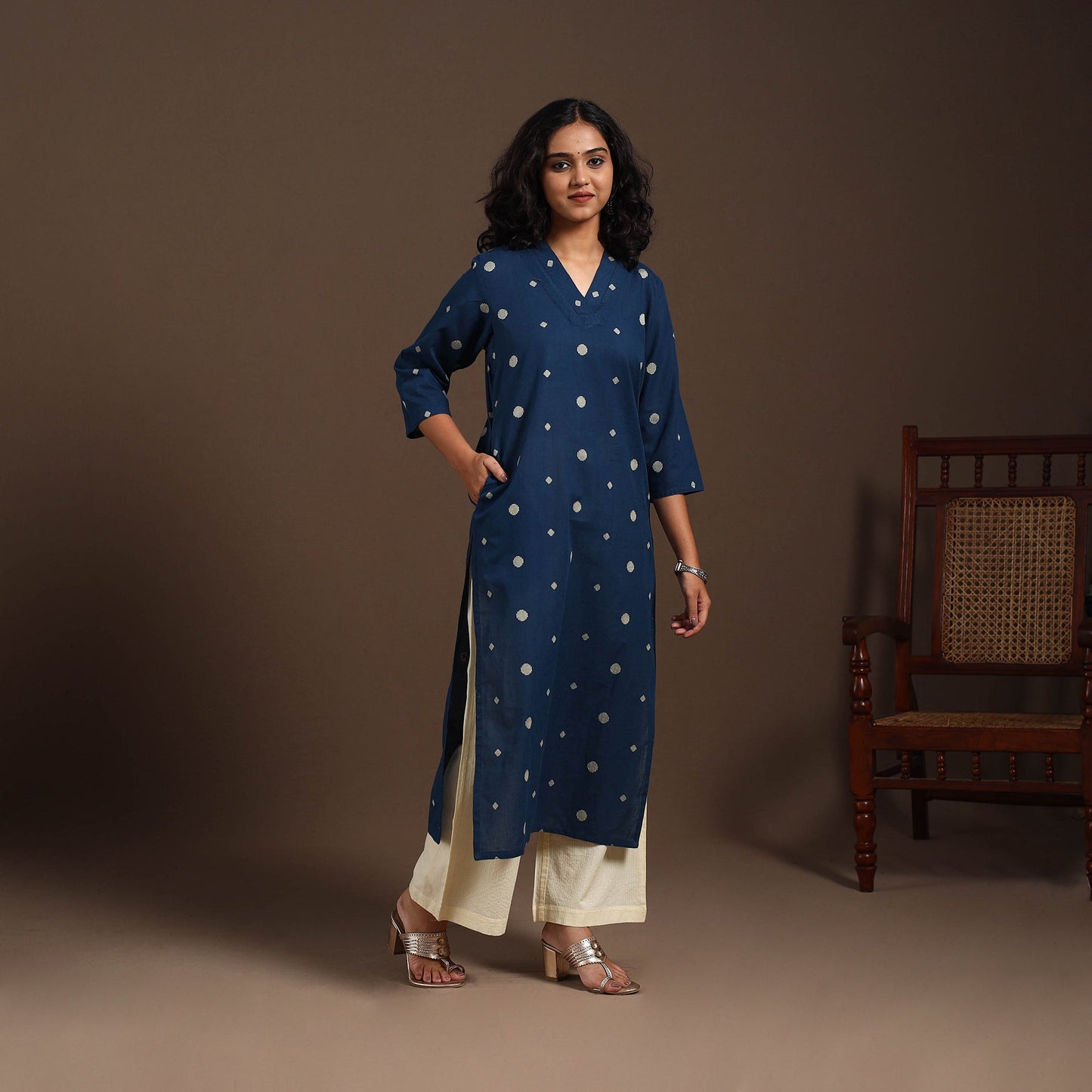 Blue - cotton straight jacquard kurta 12 - handcrafted