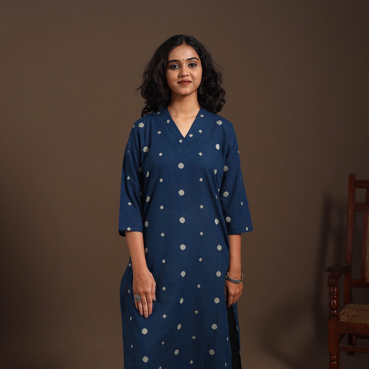 Blue - cotton straight jacquard kurta 12 - handcrafted
