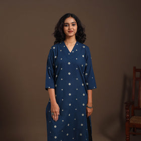 Blue - cotton straight jacquard kurta 12 - handcrafted