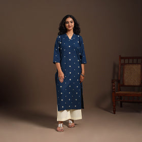 Blue - cotton straight jacquard kurta 12 - handcrafted