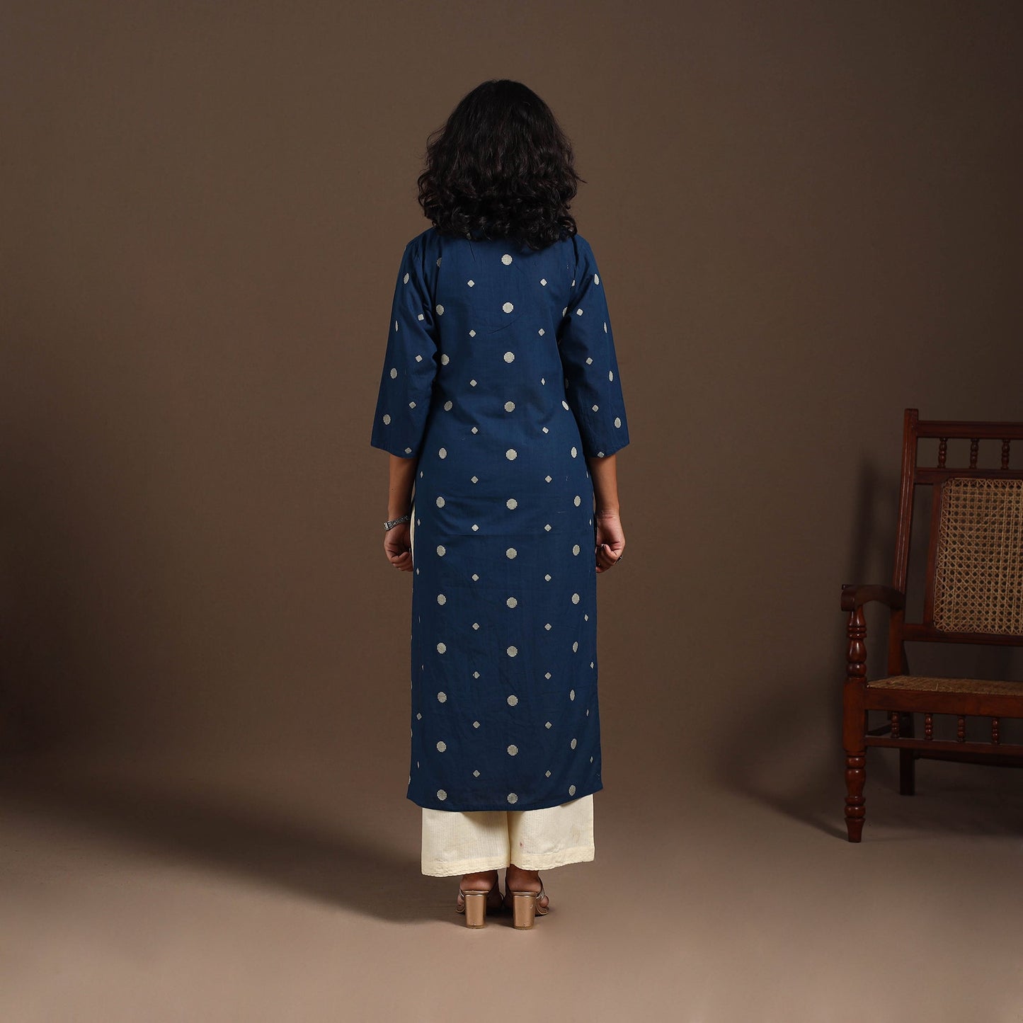 Blue - cotton straight jacquard kurta 12 - handcrafted