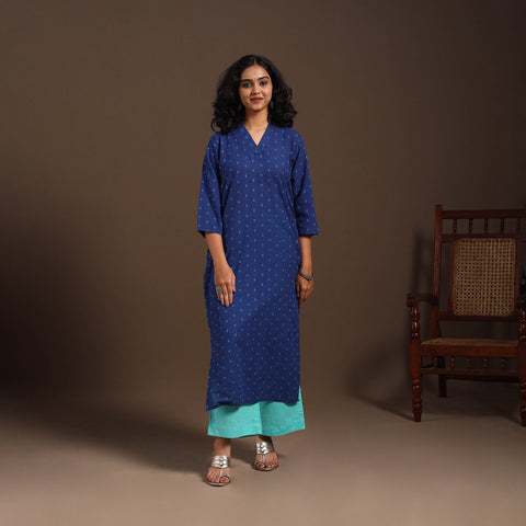Blue - cotton straight jacquard kurta 15 - handcrafted