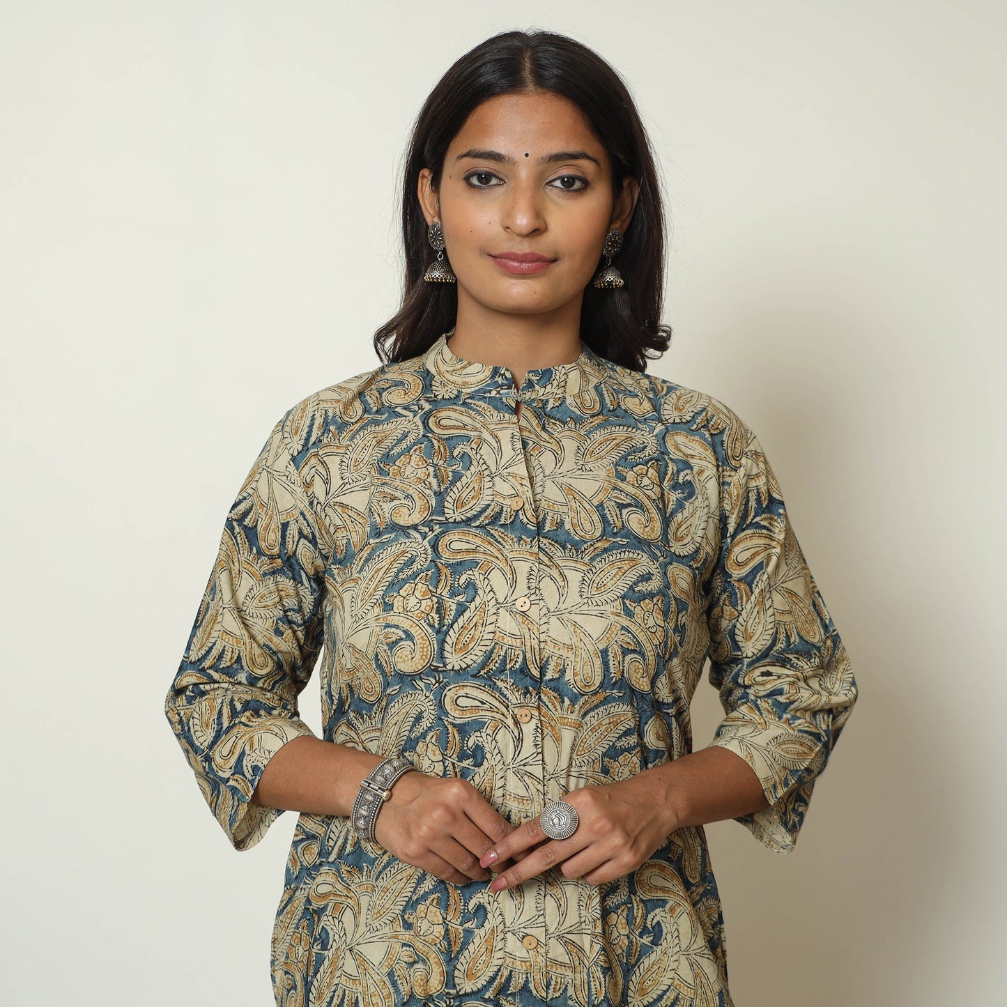Block Print Cotton Blue Straight Kalamkari Kurta for Women