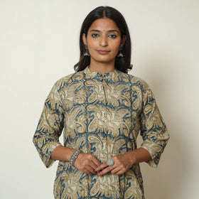 Block Print Cotton Blue Straight Kalamkari Kurta for Women