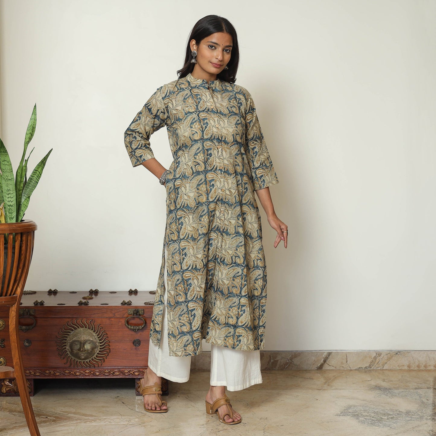 Block Print Cotton Blue Straight Kalamkari Kurta for Women