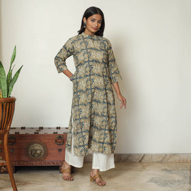 Block Print Cotton Blue Straight Kalamkari Kurta for Women