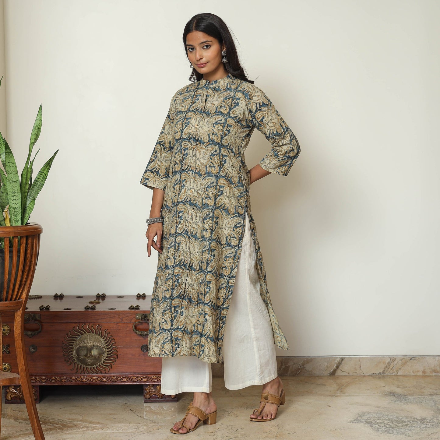 Block Print Cotton Blue Straight Kalamkari Kurta for Women