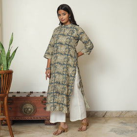 Block Print Cotton Blue Straight Kalamkari Kurta for Women