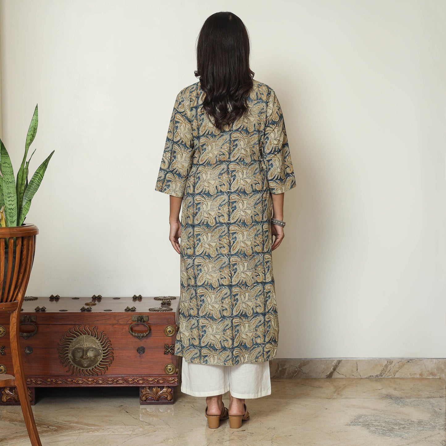 Block Print Cotton Blue Straight Kalamkari Kurta for Women
