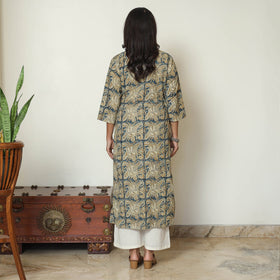 Block Print Cotton Blue Straight Kalamkari Kurta for Women