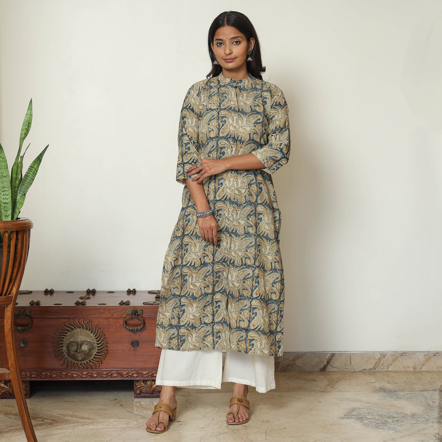 Block Print Cotton Blue Straight Kalamkari Kurta for Women