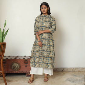 Block Print Cotton Blue Straight Kalamkari Kurta for Women
