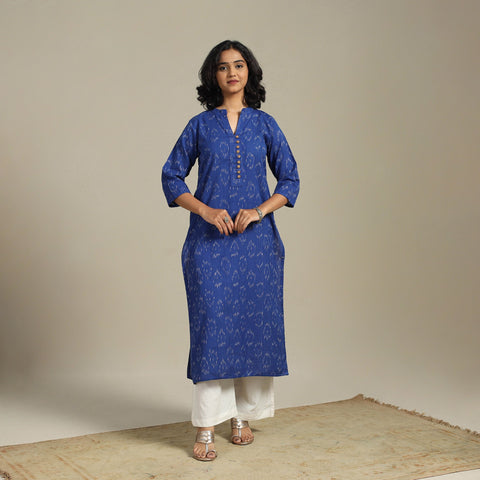 Blue Cotton Straight Pochampally Ikat Kurta