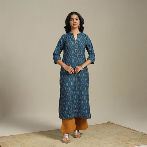 Blue Cotton Straight Pochampally Ikat Kurta