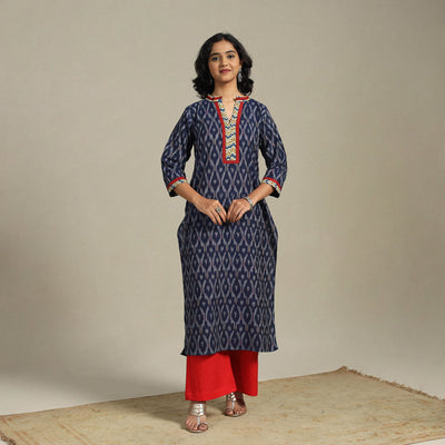 Blue Cotton Straight Pochampally Ikat Kurta