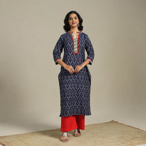Blue Cotton Straight Pochampally Ikat Kurta