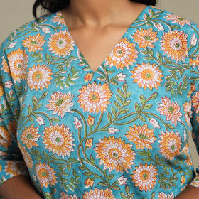 Blue Block Print Cotton Straight Sanganeri Kurta