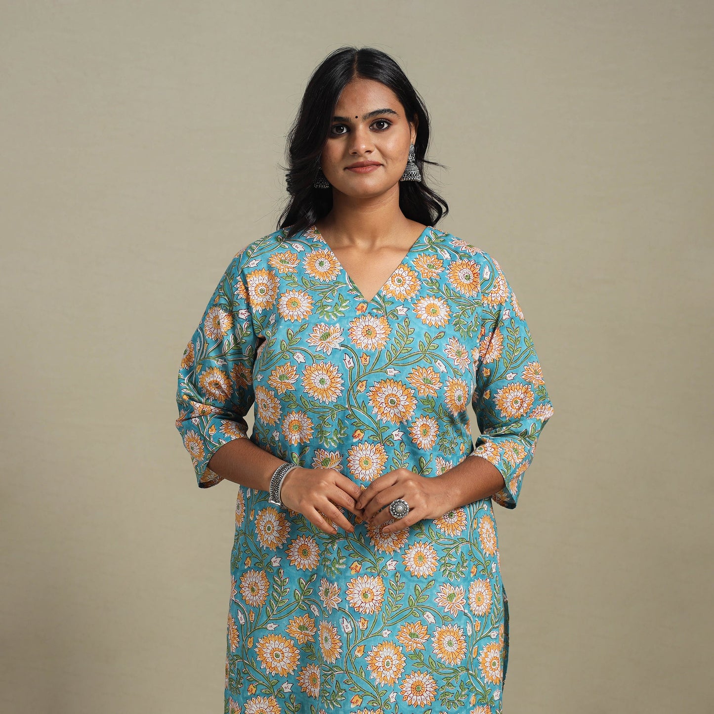 Blue Block Print Cotton Straight Sanganeri Kurta