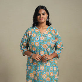 Blue Block Print Cotton Straight Sanganeri Kurta