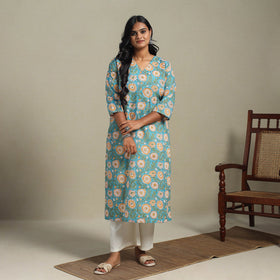Blue Block Print Cotton Straight Sanganeri Kurta