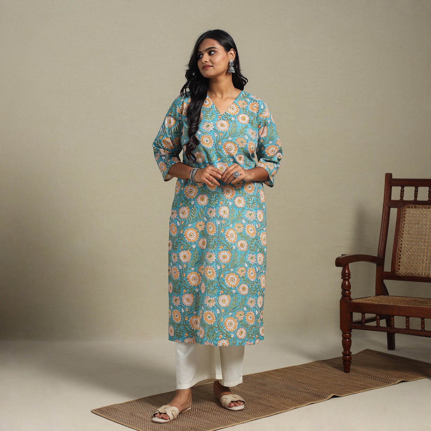 Blue Block Print Cotton Straight Sanganeri Kurta