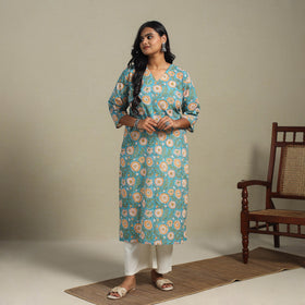Blue Block Print Cotton Straight Sanganeri Kurta