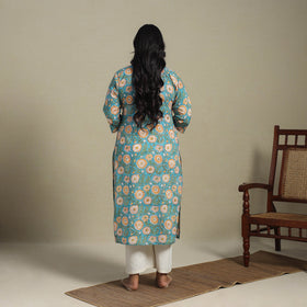 Blue Block Print Cotton Straight Sanganeri Kurta