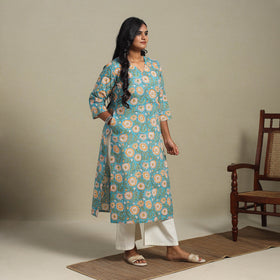 Blue Block Print Cotton Straight Sanganeri Kurta