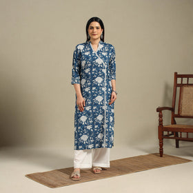 Blue - cotton straight sanganeri kurta 02 - handcrafted