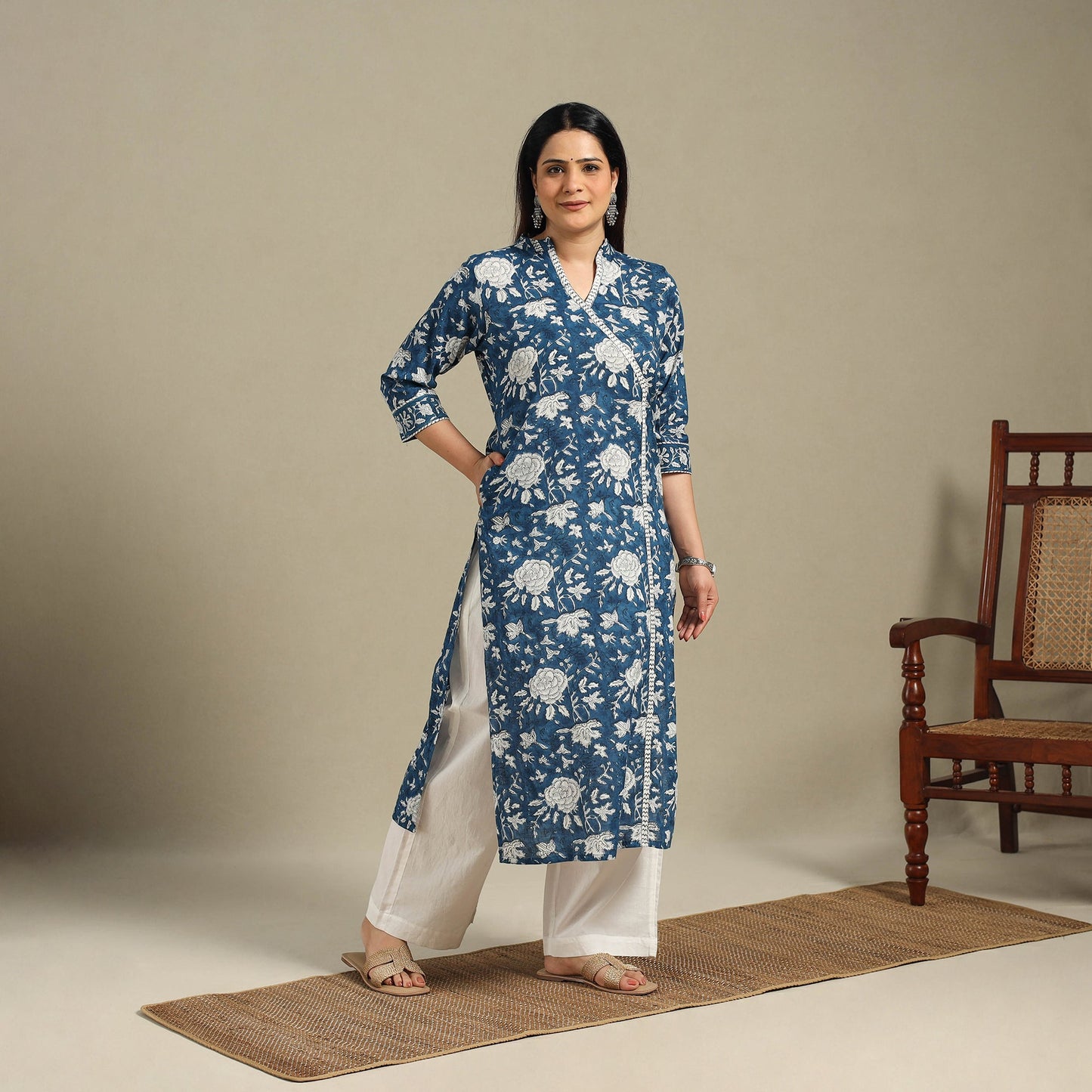 Blue - cotton straight sanganeri kurta 02 - handcrafted