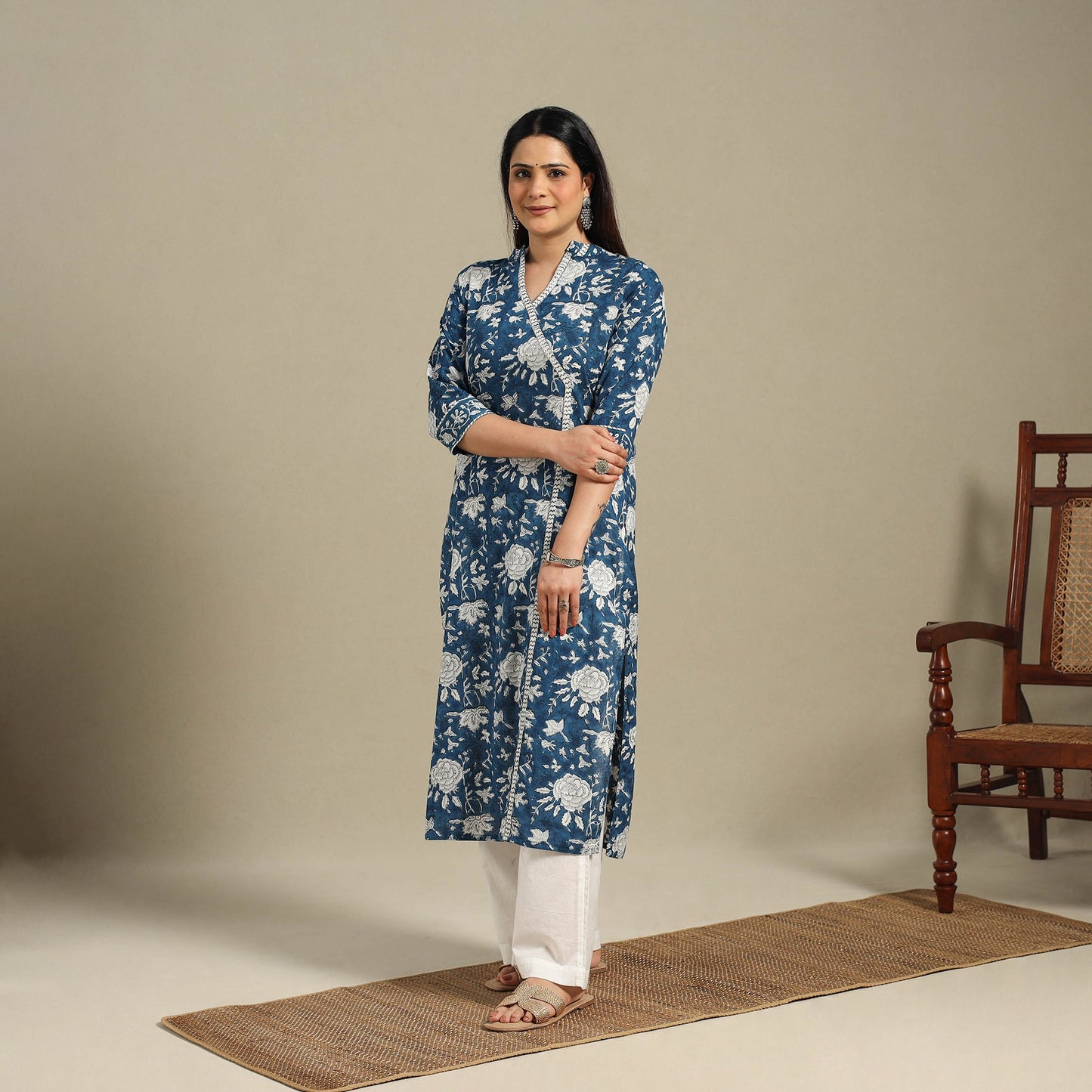 Blue - cotton straight sanganeri kurta 02 - handcrafted