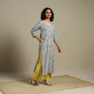Blue - cotton straight sanganeri kurta 10 - s - handcrafted