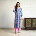 Blue Block Print Cotton Straight Sanganeri Kurta for Women
