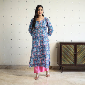Blue Block Print Cotton Straight Sanganeri Kurta for Women