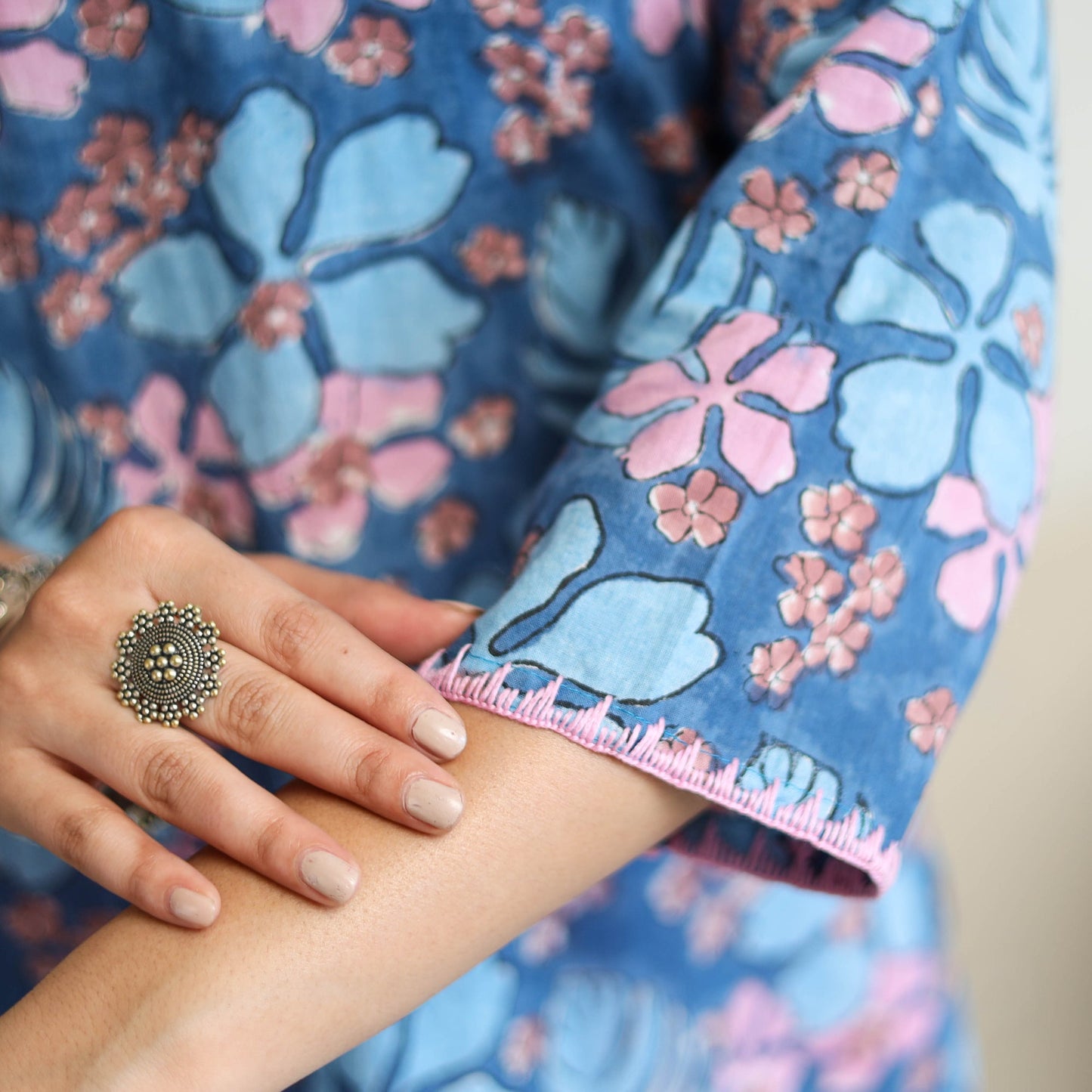 Blue Block Print Cotton Straight Sanganeri Kurta for Women