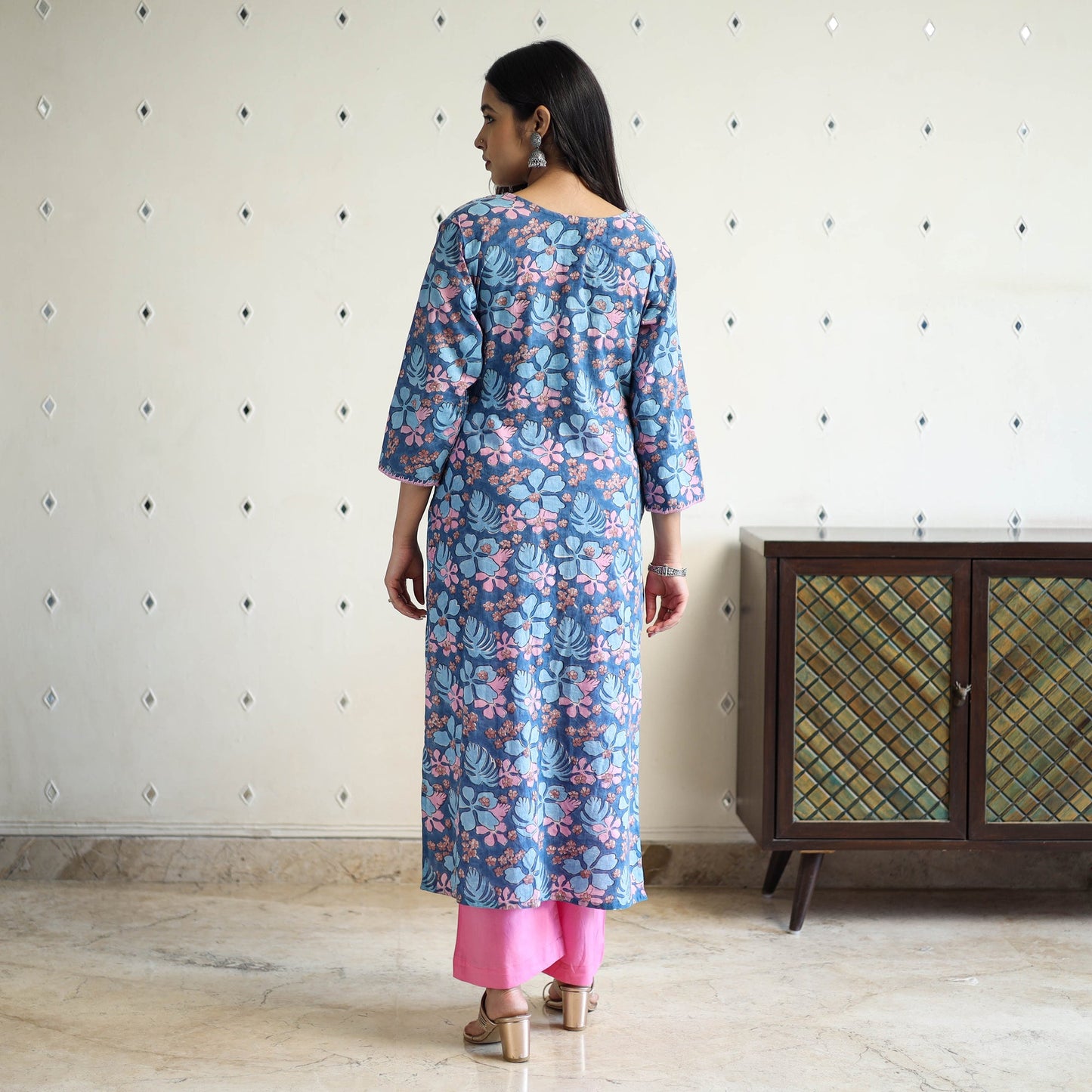 Blue Block Print Cotton Straight Sanganeri Kurta for Women