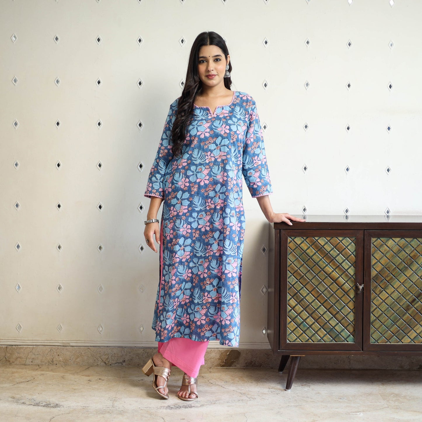 Blue Block Print Cotton Straight Sanganeri Kurta for Women