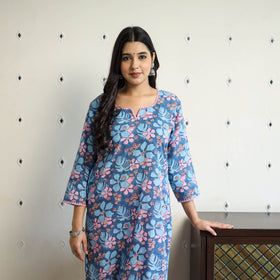 Blue Block Print Cotton Straight Sanganeri Kurta for Women