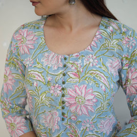  Blue Block Print Cotton Straight Sanganeri Kurta