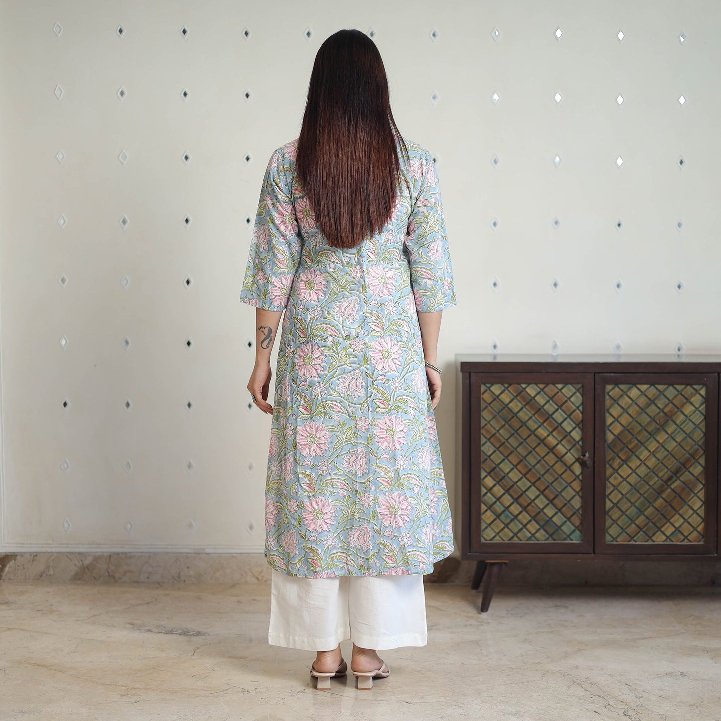  Blue Block Print Cotton Straight Sanganeri Kurta