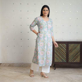  Blue Block Print Cotton Straight Sanganeri Kurta