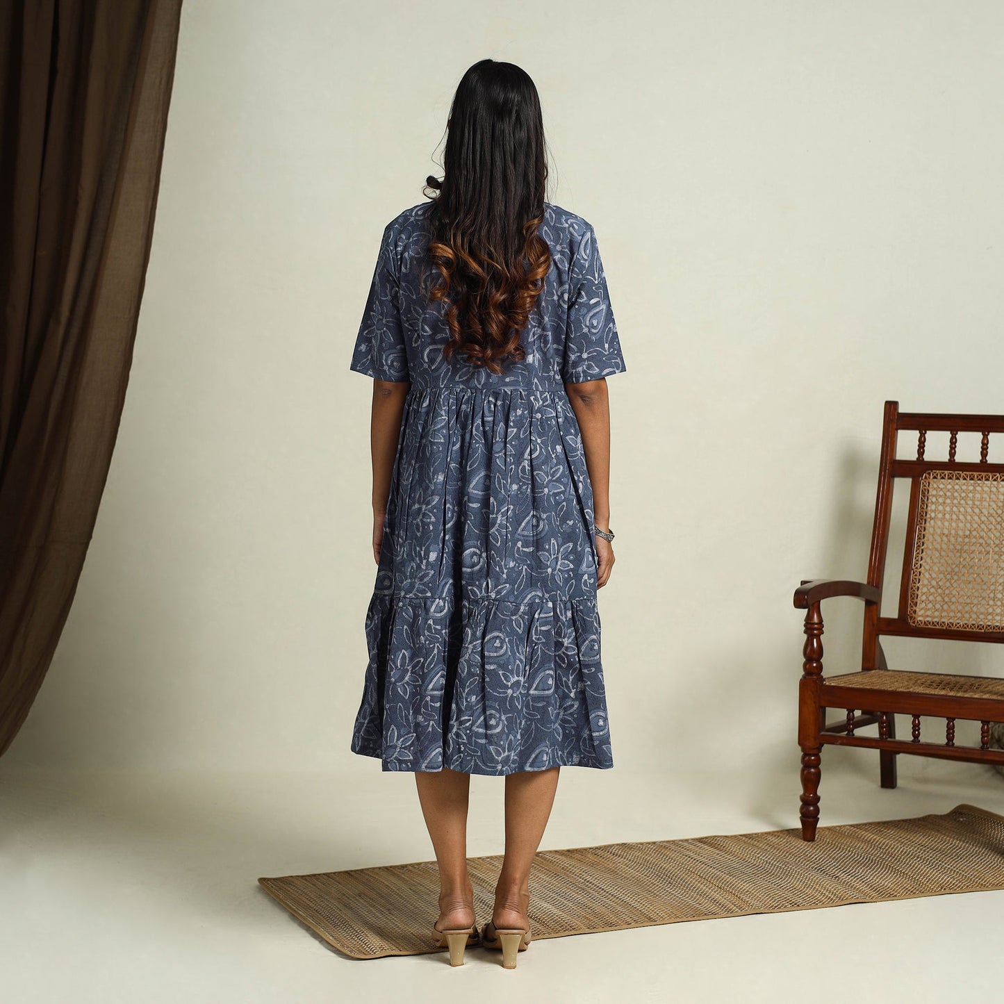 Buy Blue Block Print Cotton Tiered Bagru Dress 