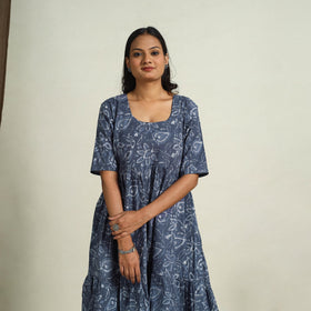 Buy Blue Block Print Cotton Tiered Bagru Dress 