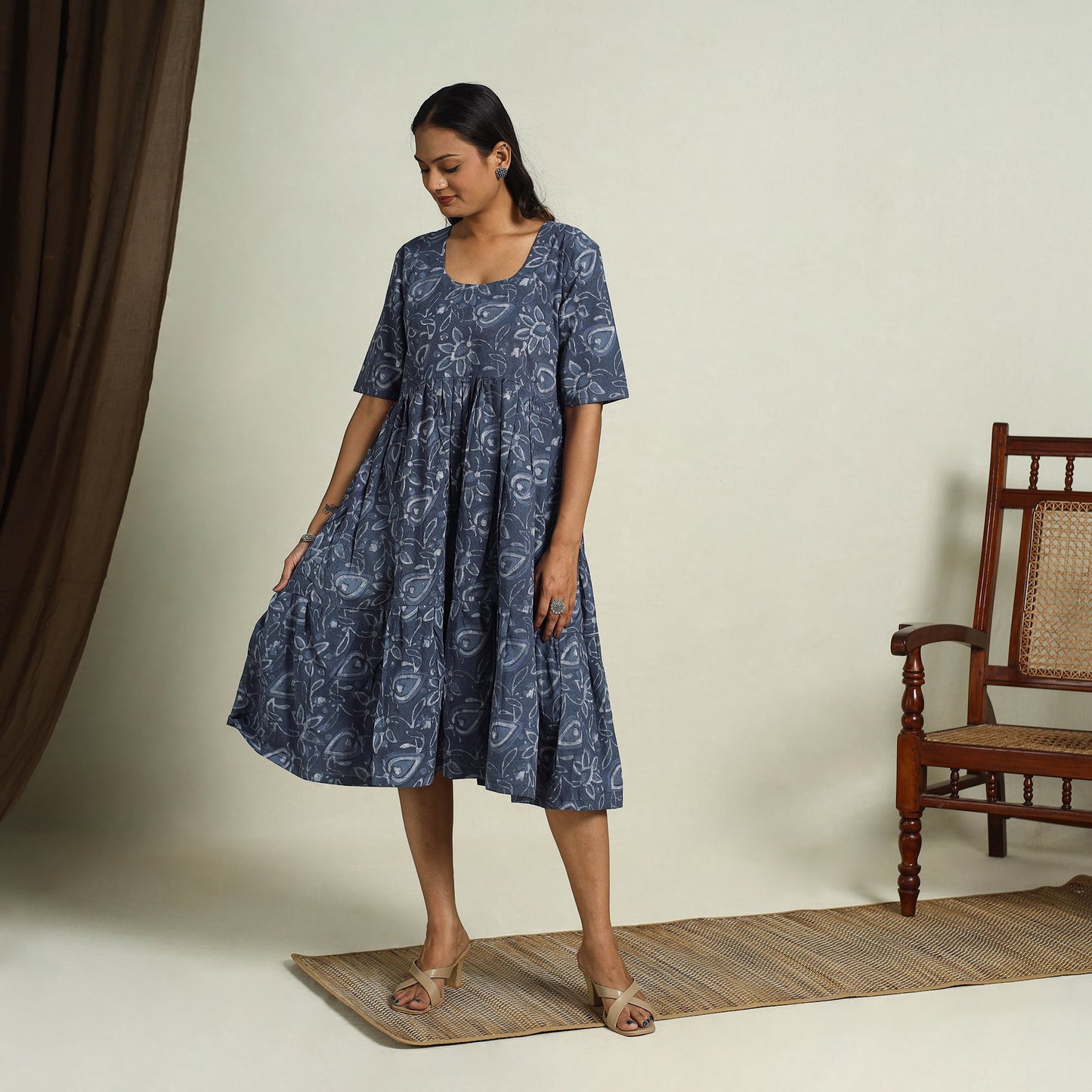 Buy Blue Block Print Cotton Tiered Bagru Dress 