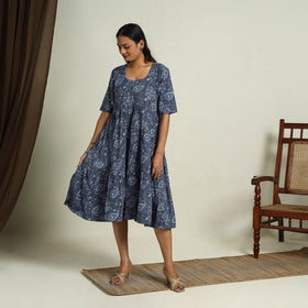 Buy Blue Block Print Cotton Tiered Bagru Dress 