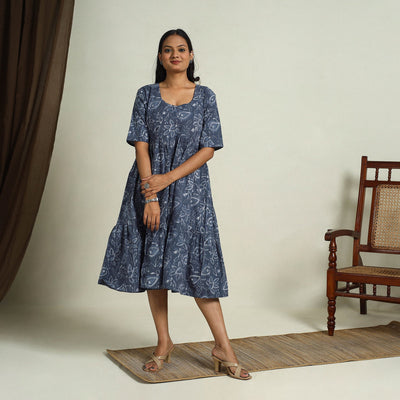 Buy Blue Block Print Cotton Tiered Bagru Dress 