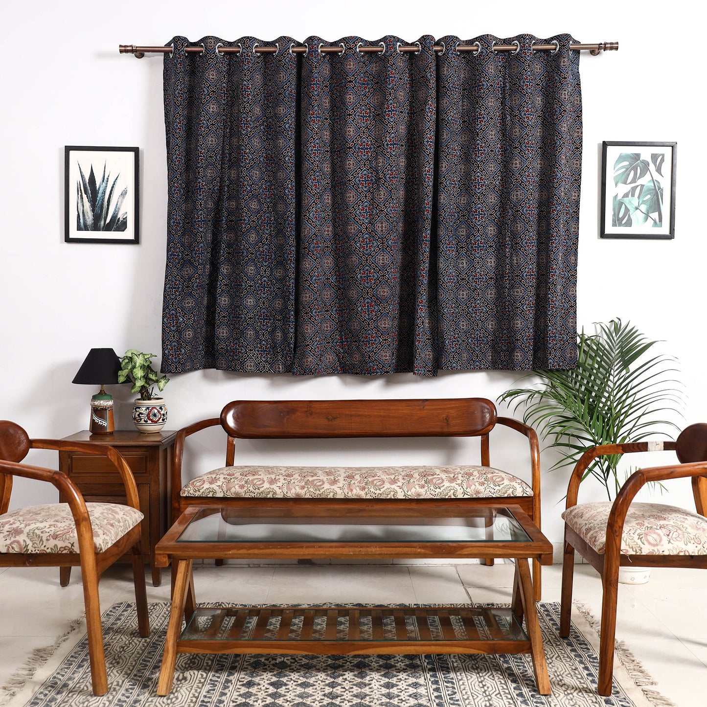 Buy Blue Block Print Cotton Window Ajrakh Curtain