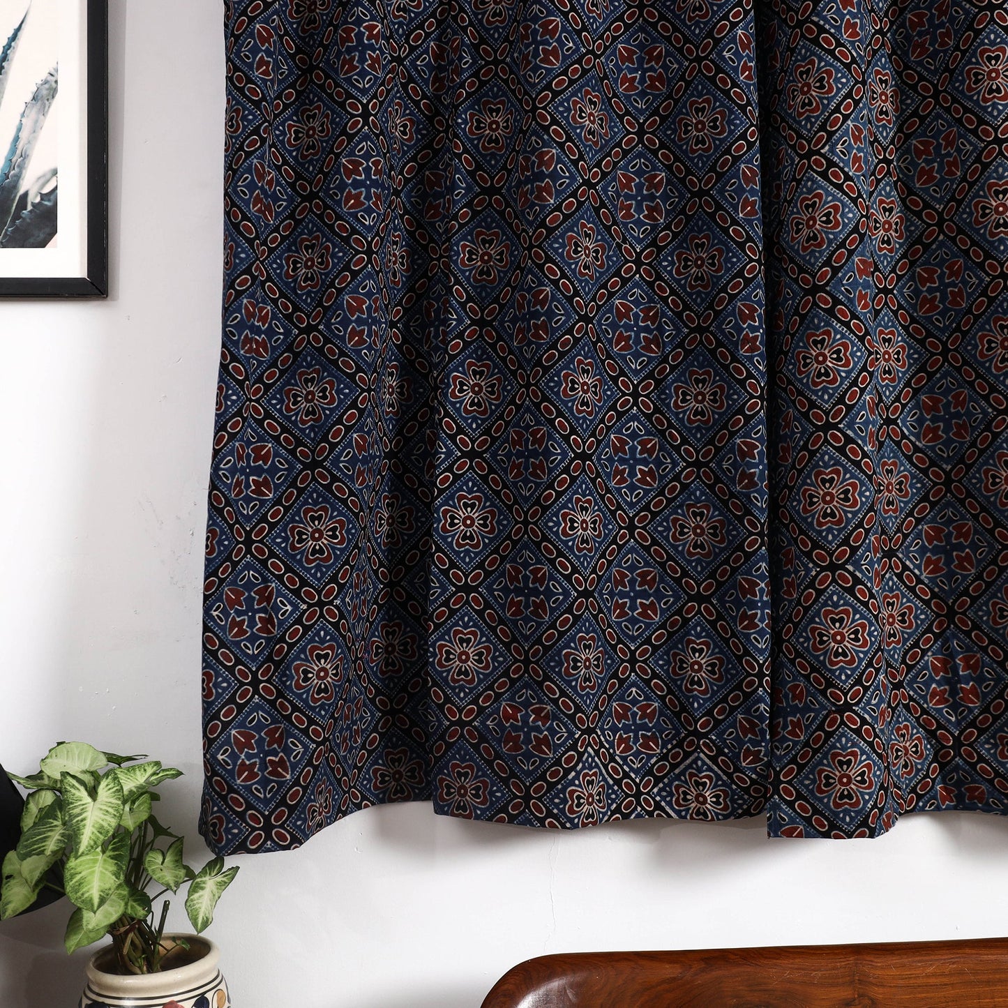 Buy Blue Block Print Cotton Window Ajrakh Curtain