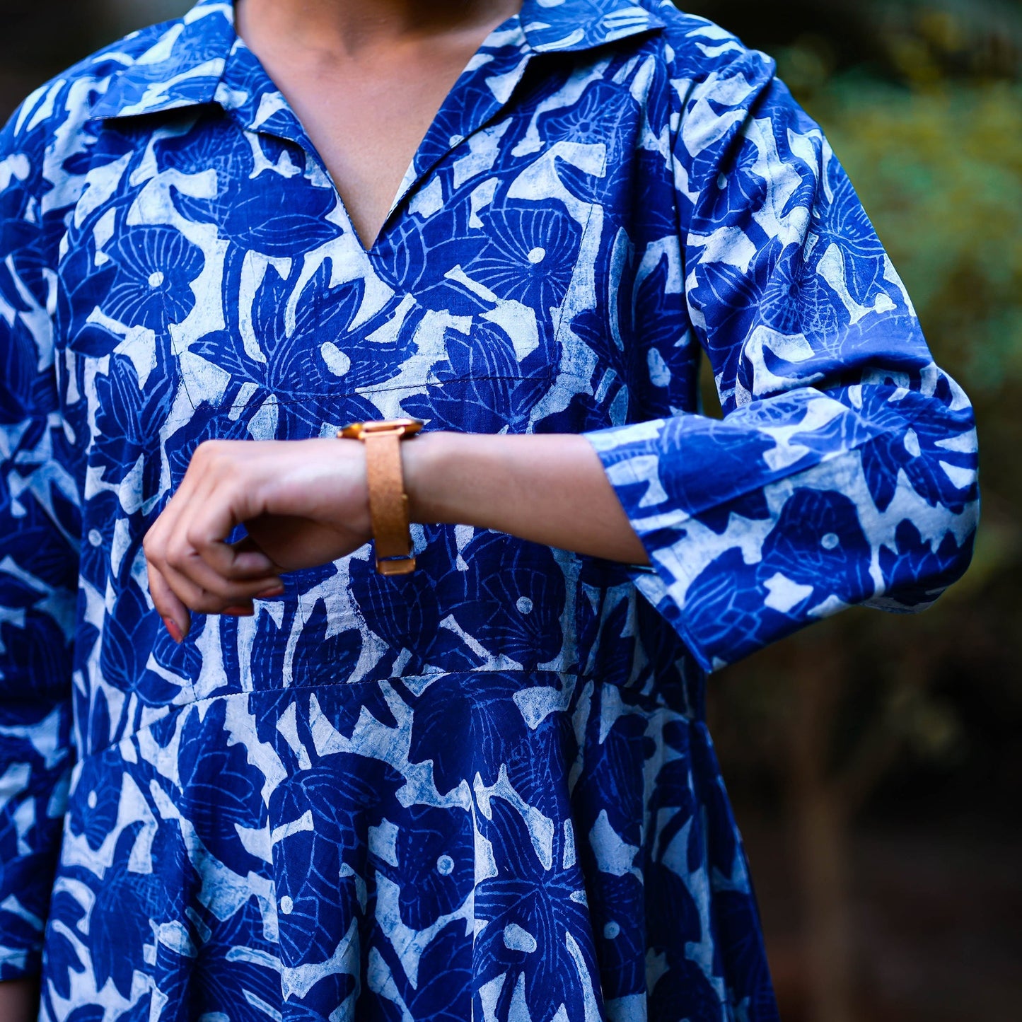 Indigo Dabu Block Print Cotton Flared Dress l iTokri.com