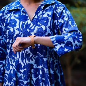 Indigo Dabu Block Print Cotton Flared Dress l iTokri.com